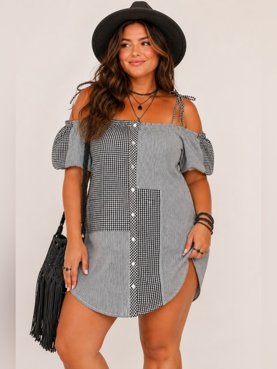 Buffalo David Bitton Dresses & Skirts - NWT Patchwork Gingham Off Shoulder Cotton Mini Dress Buffalo David Bitton Sz XL